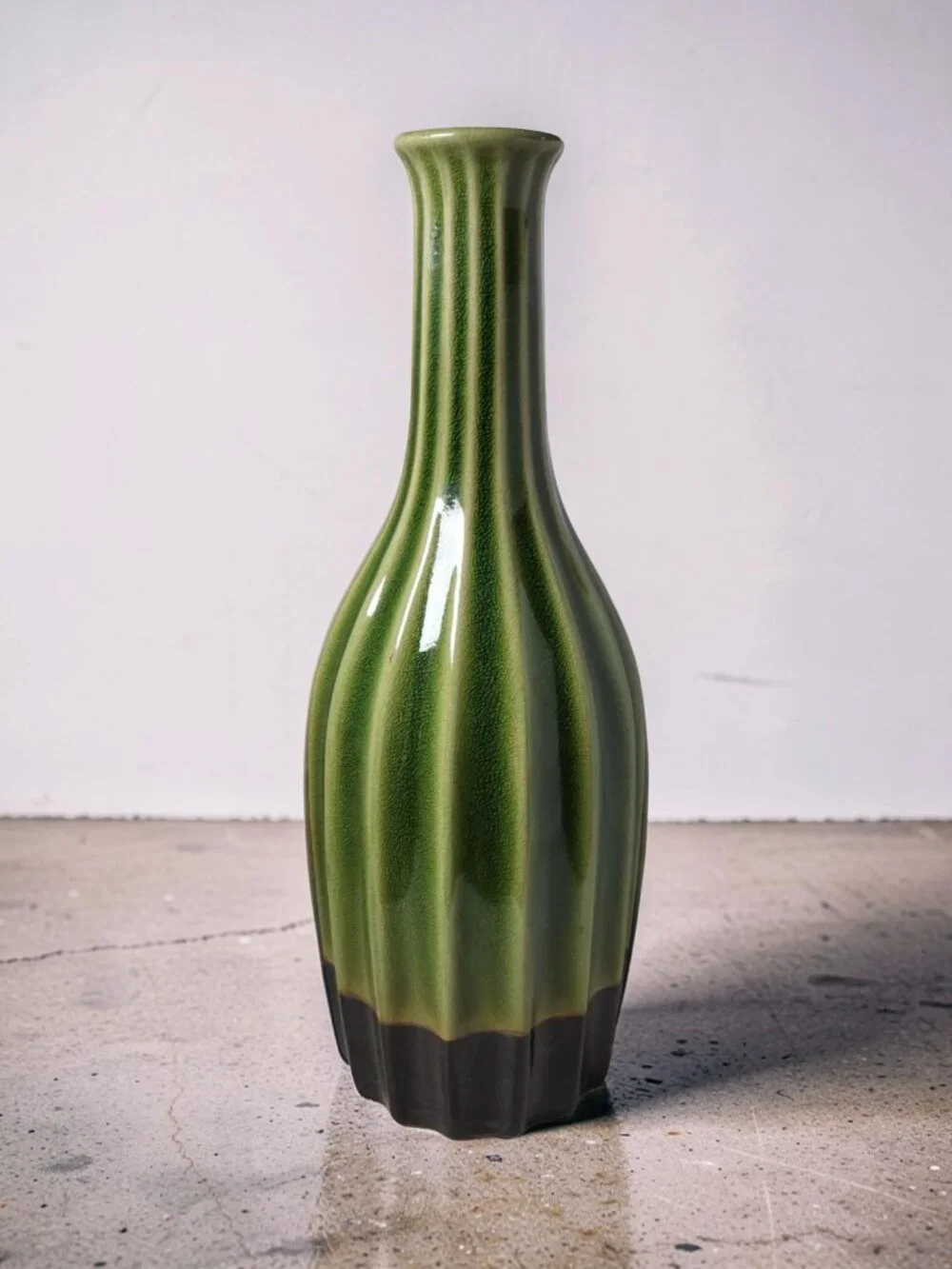 Vintage Dk.Green,Black Heavy Ceramic Ribbed Flanged Lip Vase